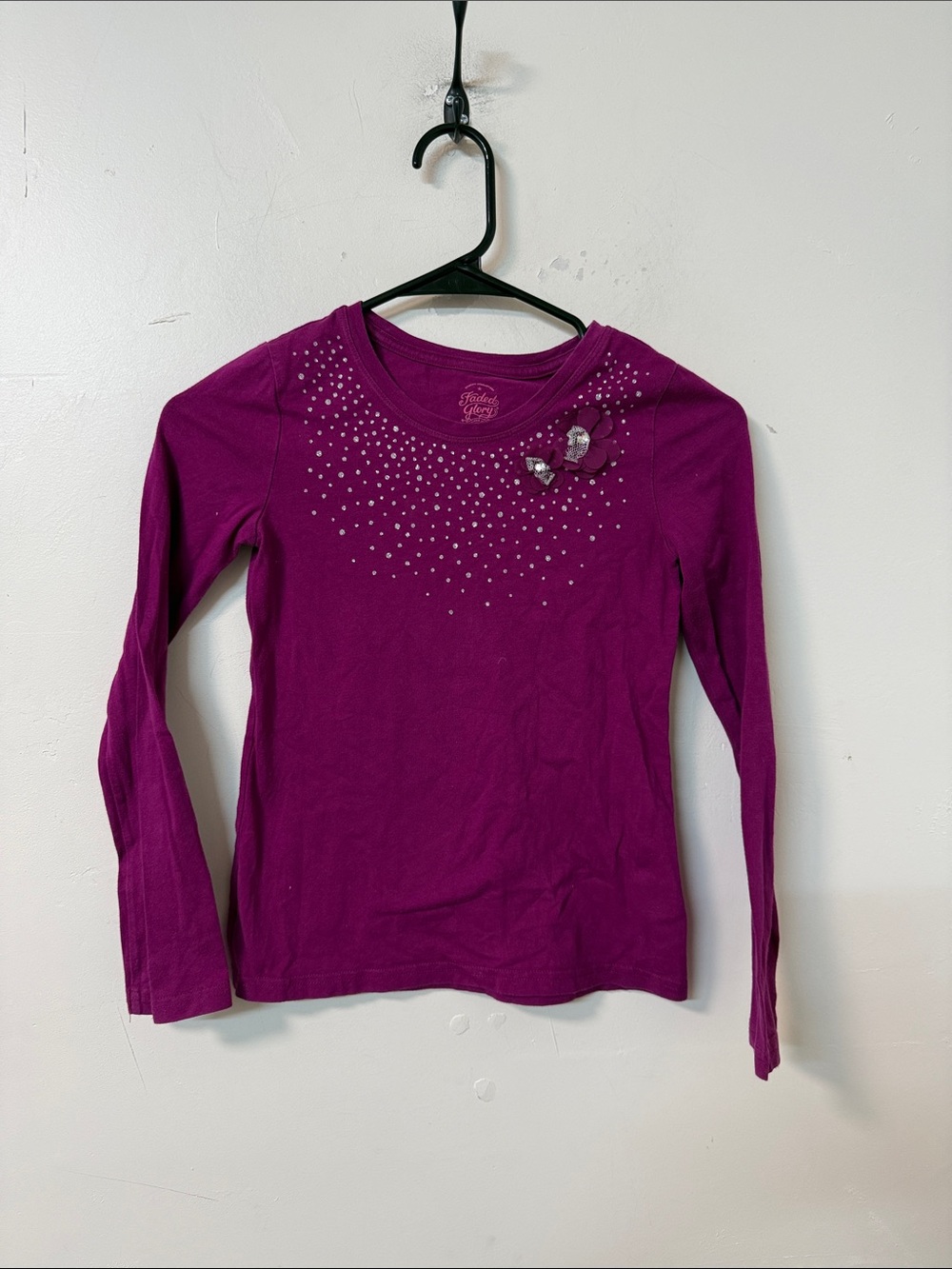 Faded Glory Girls' Long-Sleeve Jewel & Flower Accent Top - Purple Y2K